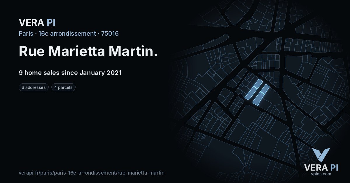 Rue Marietta Martin, 16e arrondissement at night – every parcel coloured by the prices around it, the street's own parcels lit