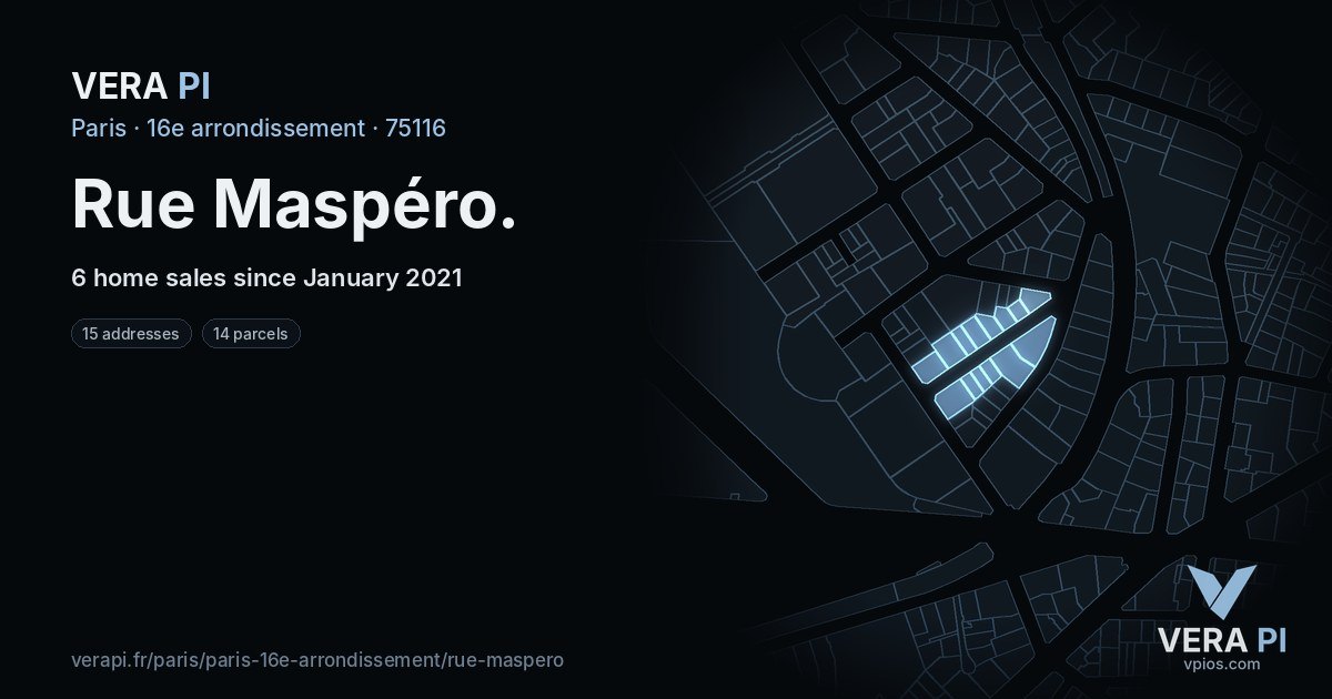 Rue Maspéro, 16e arrondissement at night – every parcel coloured by the prices around it, the street's own parcels lit