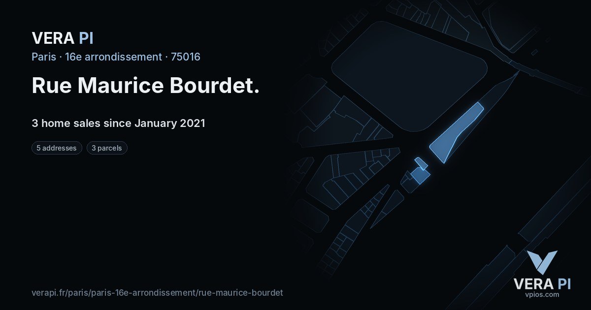 Rue Maurice Bourdet, 16e arrondissement at night – every parcel coloured by the prices around it, the street's own parcels lit