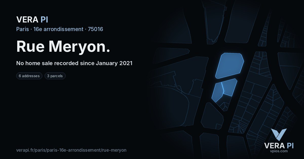 Rue Meryon, 16e arrondissement at night – every parcel coloured by the prices around it, the street's own parcels lit