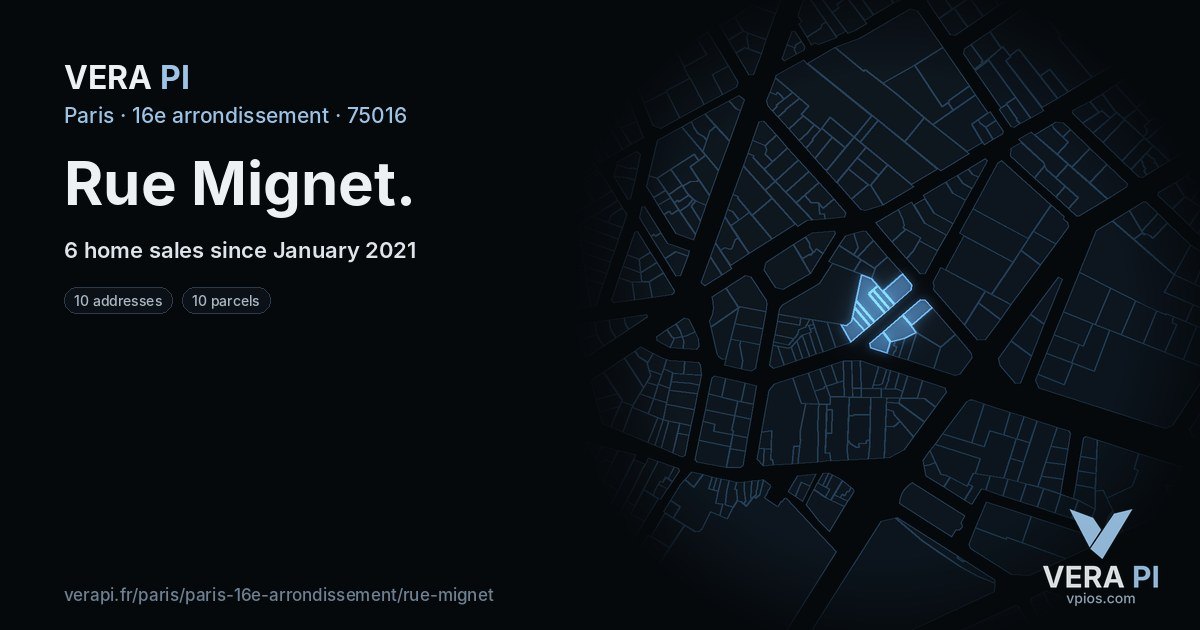 Rue Mignet, 16e arrondissement at night – every parcel coloured by the prices around it, the street's own parcels lit