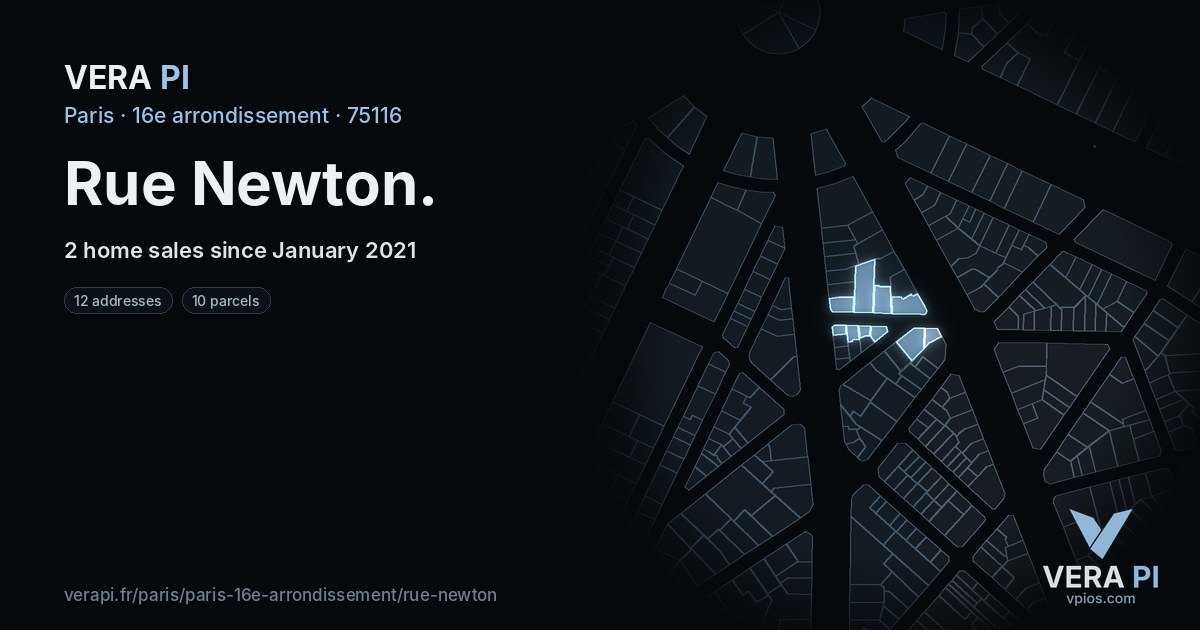 Rue Newton, 16e arrondissement at night – every parcel coloured by the prices around it, the street's own parcels lit