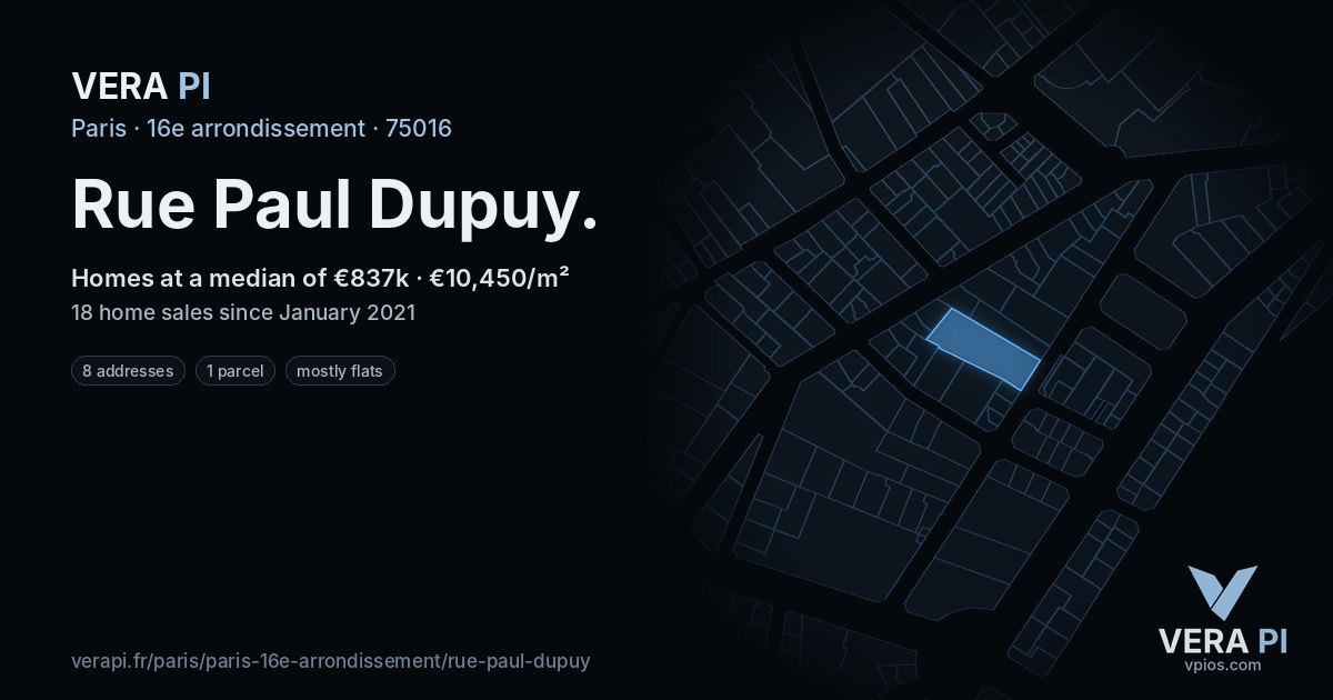 Rue Paul Dupuy, 16e arrondissement at night – every parcel coloured by the prices around it, the street's own parcels lit