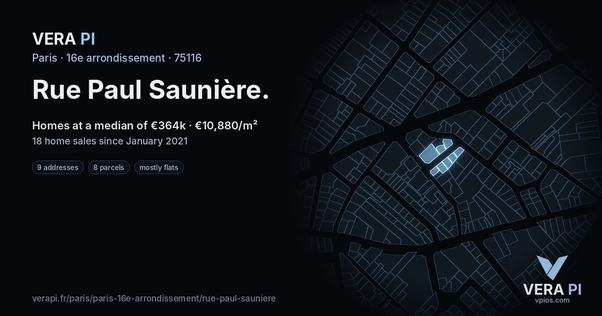 Rue Paul Saunière, 16e arrondissement at night – every parcel coloured by the prices around it, the street's own parcels lit