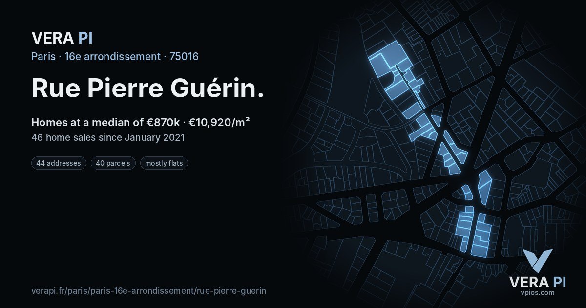 Rue Pierre Guérin, 16e arrondissement at night – every parcel coloured by the prices around it, the street's own parcels lit