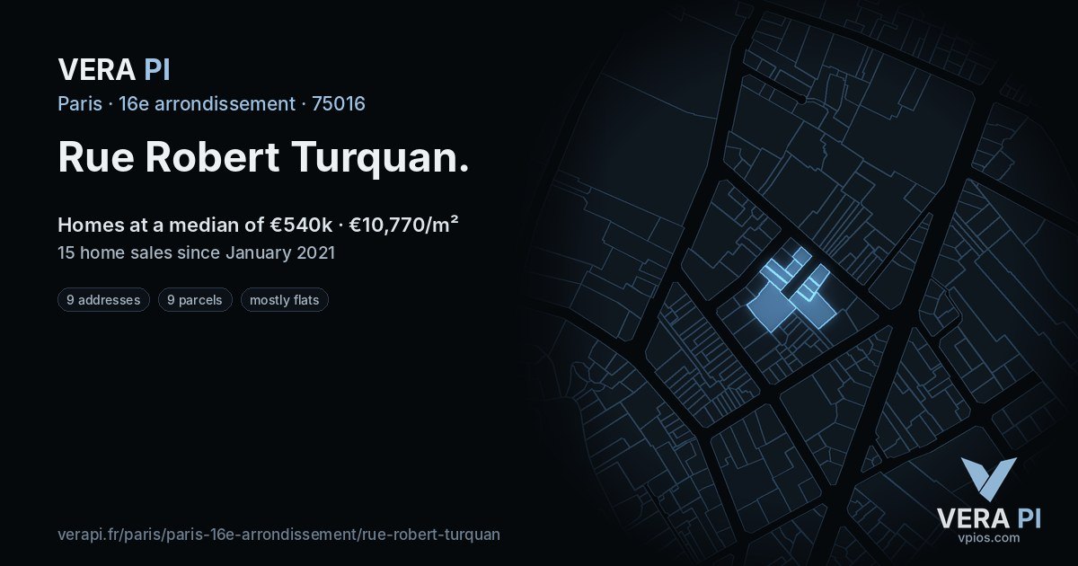 Rue Robert Turquan, 16e arrondissement at night – every parcel coloured by the prices around it, the street's own parcels lit