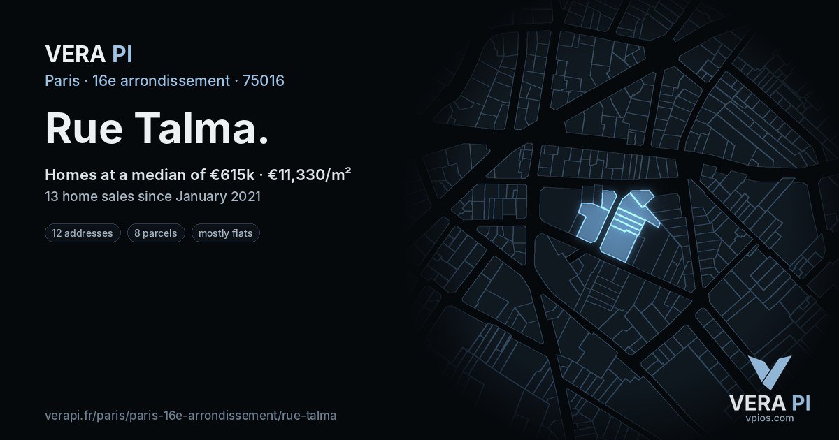 Rue Talma, 16e arrondissement at night – every parcel coloured by the prices around it, the street's own parcels lit
