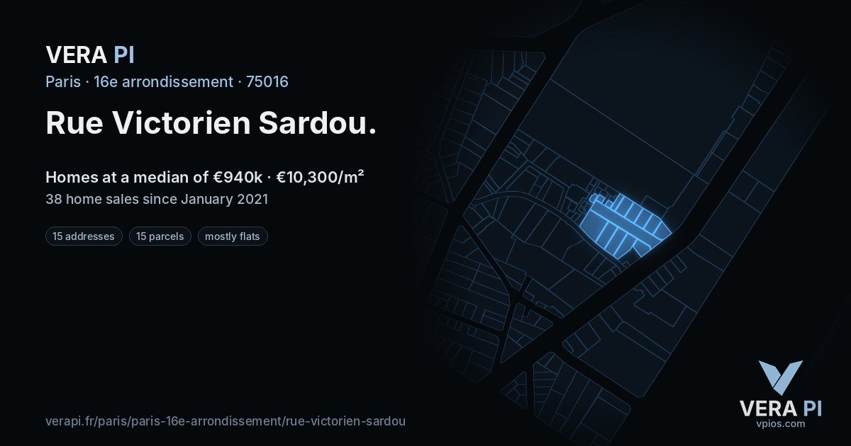 Rue Victorien Sardou, 16e arrondissement at night – every parcel coloured by the prices around it, the street's own parcels lit