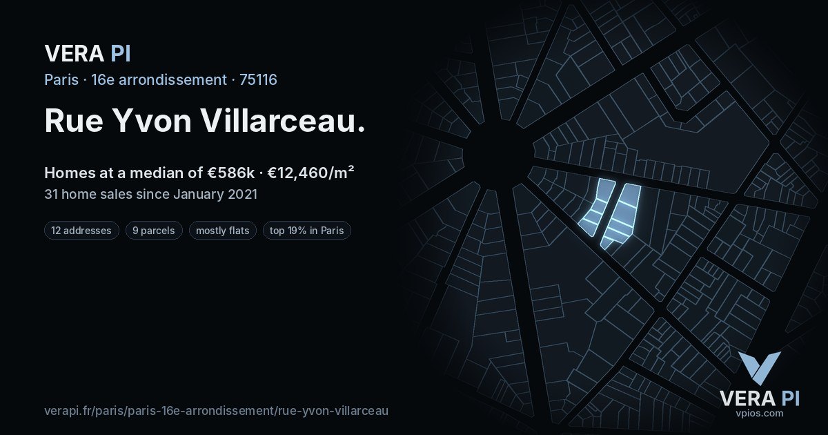 Rue Yvon Villarceau, 16e arrondissement at night – every parcel coloured by the prices around it, the street's own parcels lit