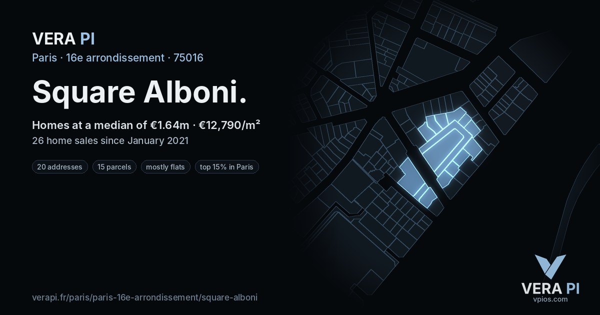 Square Alboni, 16e arrondissement at night – every parcel coloured by the prices around it, the street's own parcels lit