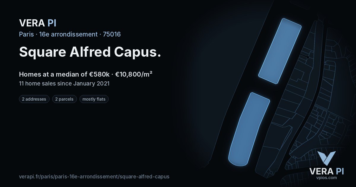 Square Alfred Capus, 16e arrondissement at night – every parcel coloured by the prices around it, the street's own parcels lit