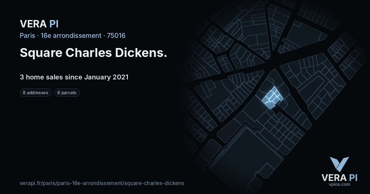 Square Charles Dickens, 16e arrondissement at night – every parcel coloured by the prices around it, the street's own parcels lit