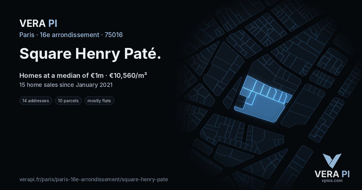 Square Henry Paté, 16e arrondissement at night – every parcel coloured by the prices around it, the street's own parcels lit