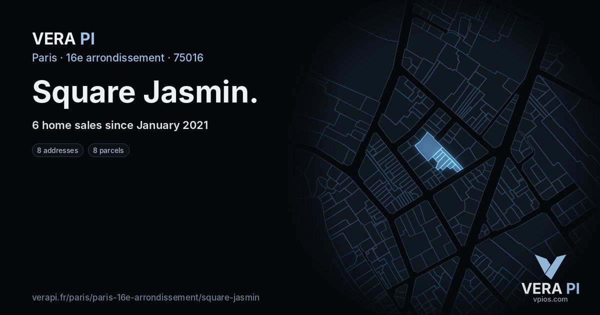 Square Jasmin, 16e arrondissement at night – every parcel coloured by the prices around it, the street's own parcels lit
