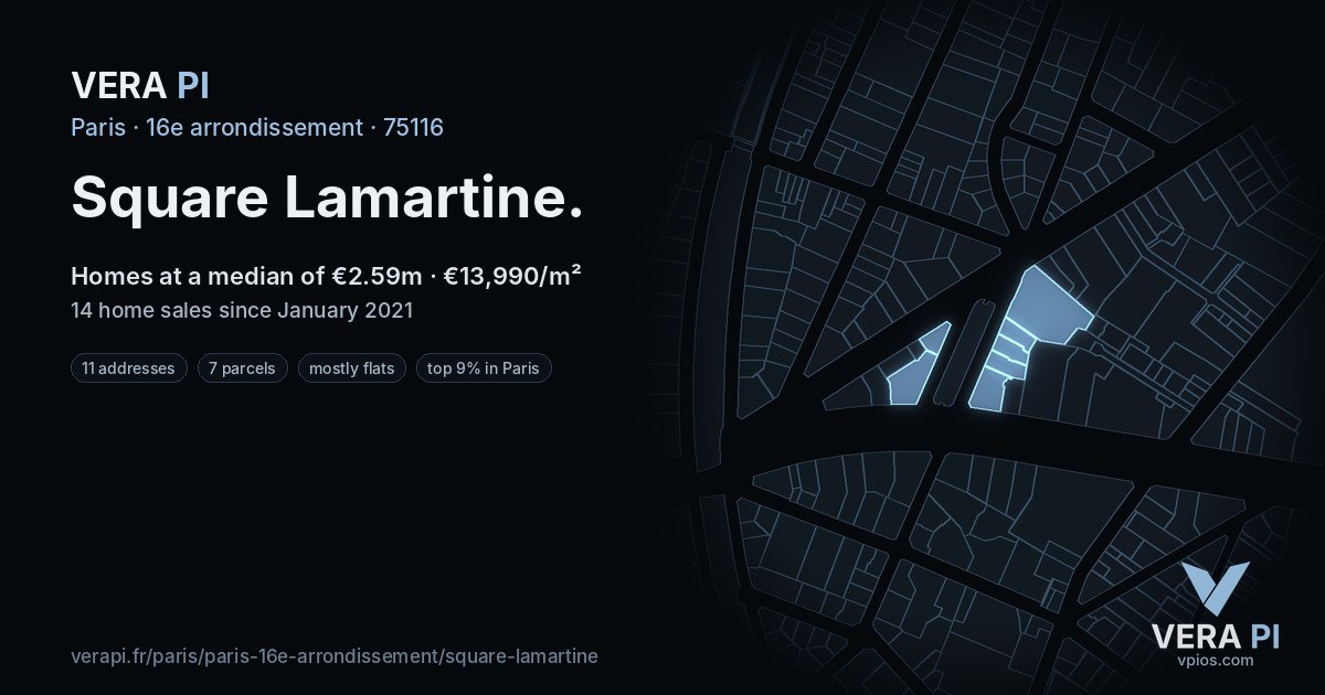 Square Lamartine, 16e arrondissement at night – every parcel coloured by the prices around it, the street's own parcels lit