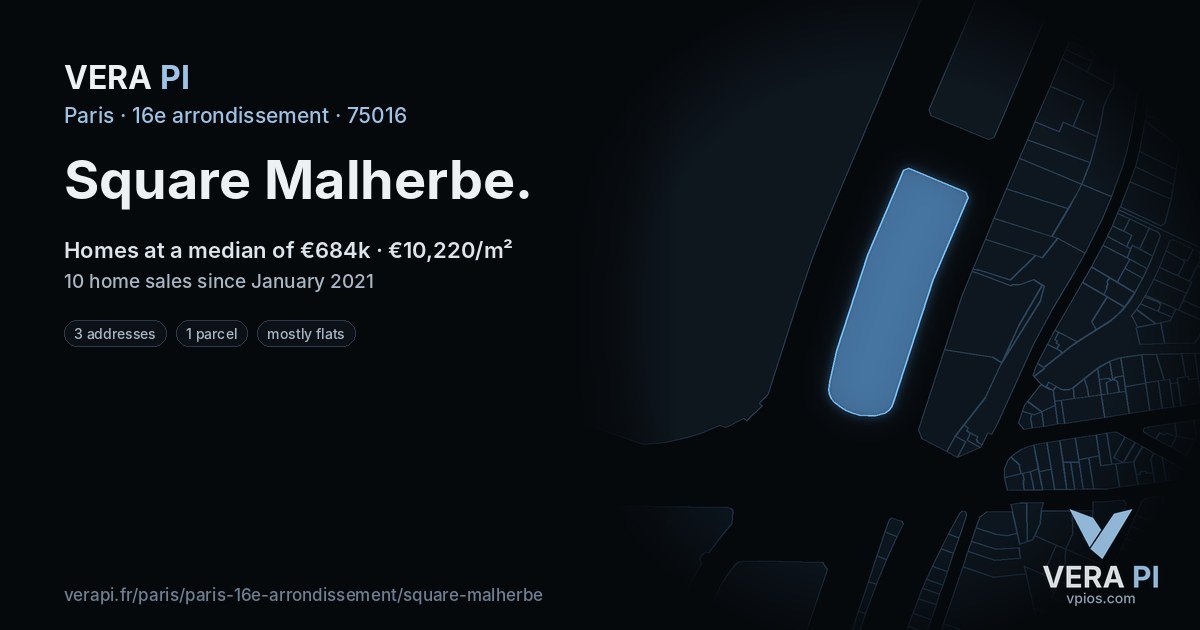 Square Malherbe, 16e arrondissement at night – every parcel coloured by the prices around it, the street's own parcels lit