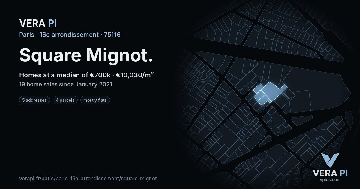 Square Mignot, 16e arrondissement at night – every parcel coloured by the prices around it, the street's own parcels lit