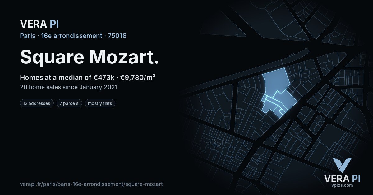 Square Mozart, 16e arrondissement at night – every parcel coloured by the prices around it, the street's own parcels lit