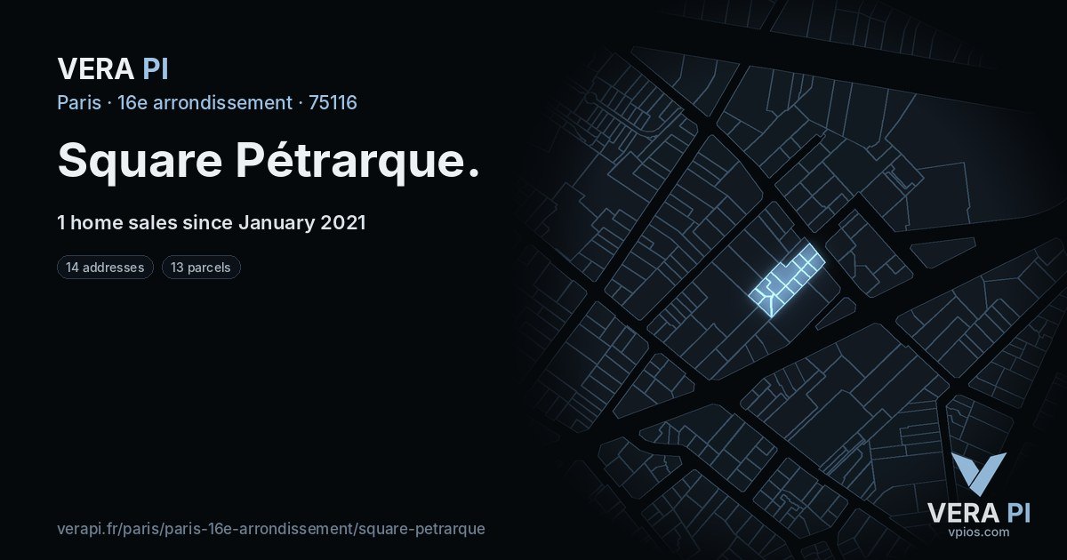 Square Pétrarque, 16e arrondissement at night – every parcel coloured by the prices around it, the street's own parcels lit