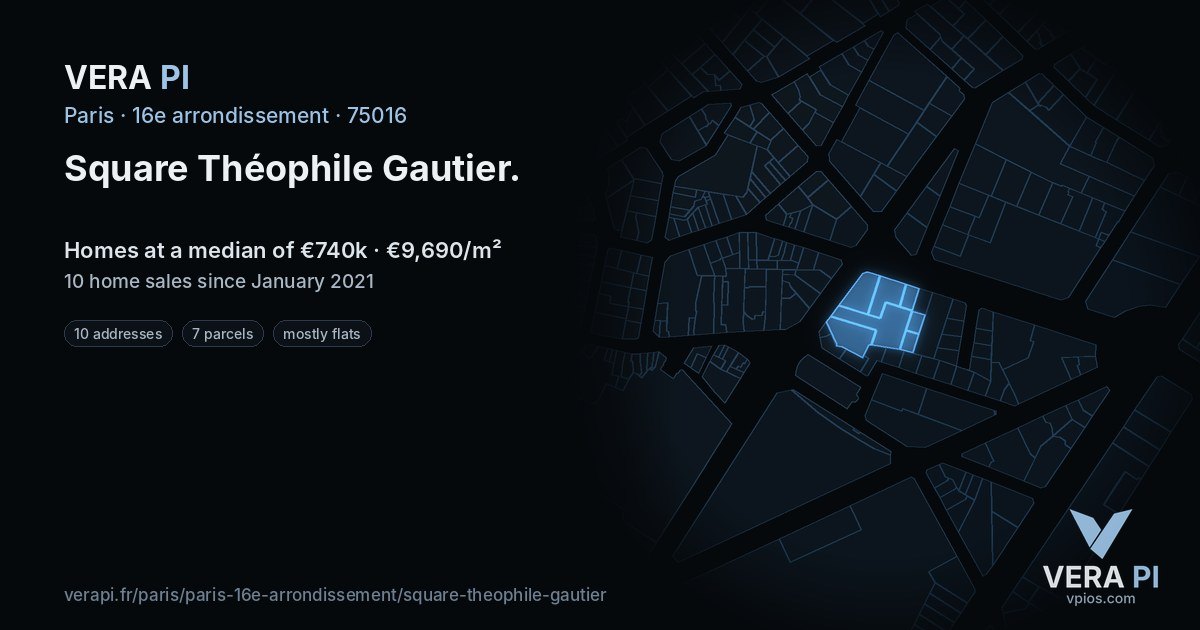 Square Théophile Gautier, 16e arrondissement at night – every parcel coloured by the prices around it, the street's own parcels lit