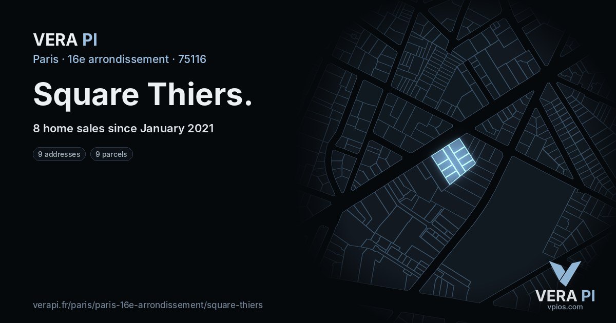 Square Thiers, 16e arrondissement at night – every parcel coloured by the prices around it, the street's own parcels lit