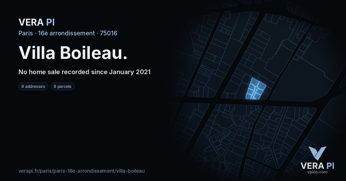 Villa Boileau, 16e arrondissement at night – every parcel coloured by the prices around it, the street's own parcels lit