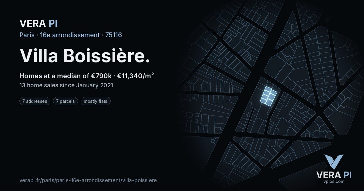 Villa Boissière, 16e arrondissement at night – every parcel coloured by the prices around it, the street's own parcels lit