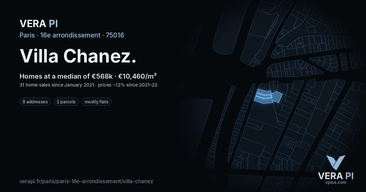 Villa Chanez, 16e arrondissement at night – every parcel coloured by the prices around it, the street's own parcels lit