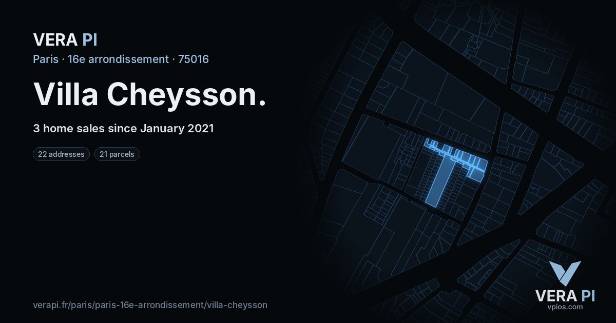 Villa Cheysson, 16e arrondissement at night – every parcel coloured by the prices around it, the street's own parcels lit
