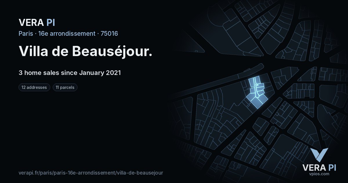 Villa de Beauséjour, 16e arrondissement at night – every parcel coloured by the prices around it, the street's own parcels lit