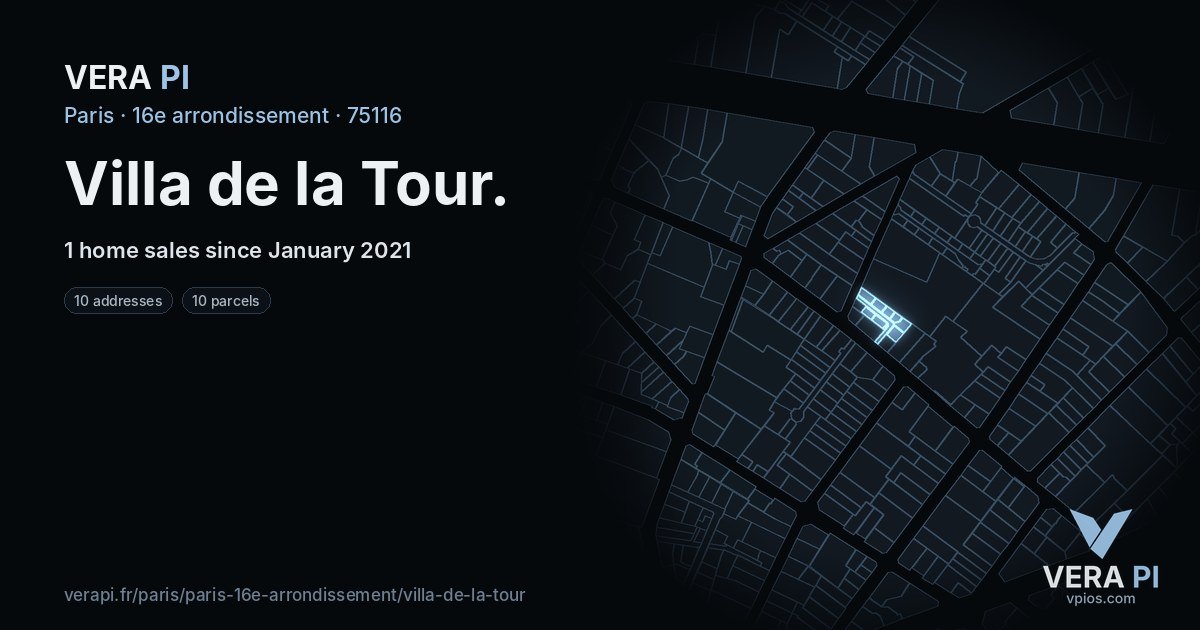 Villa de la Tour, 16e arrondissement at night – every parcel coloured by the prices around it, the street's own parcels lit