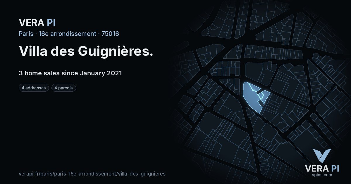 Villa des Guignières, 16e arrondissement at night – every parcel coloured by the prices around it, the street's own parcels lit
