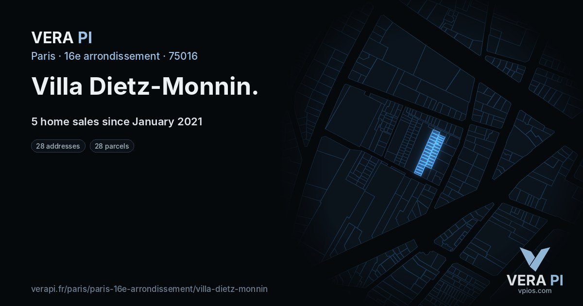 Villa Dietz-Monnin, 16e arrondissement at night – every parcel coloured by the prices around it, the street's own parcels lit