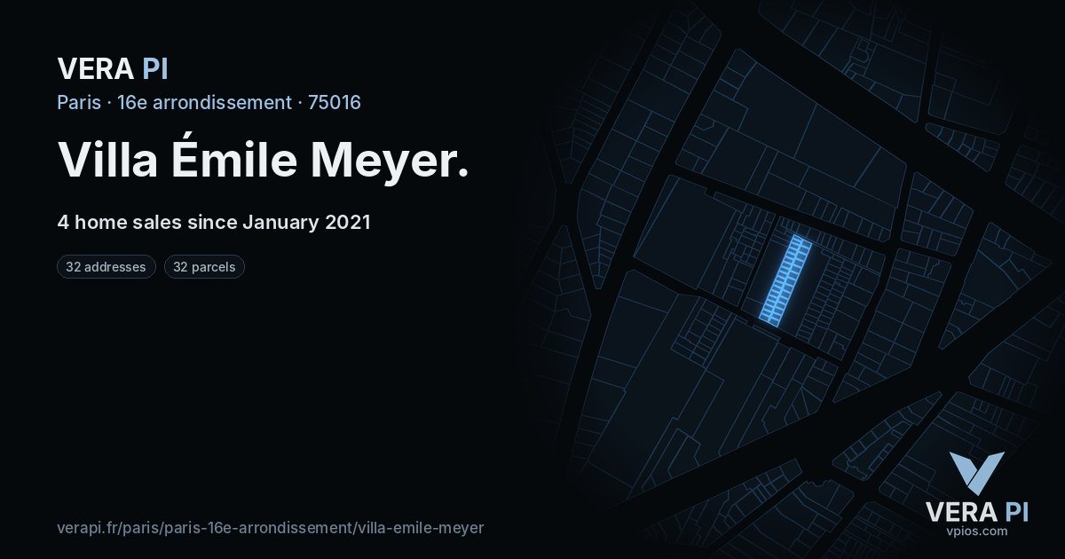 Villa Émile Meyer, 16e arrondissement at night – every parcel coloured by the prices around it, the street's own parcels lit