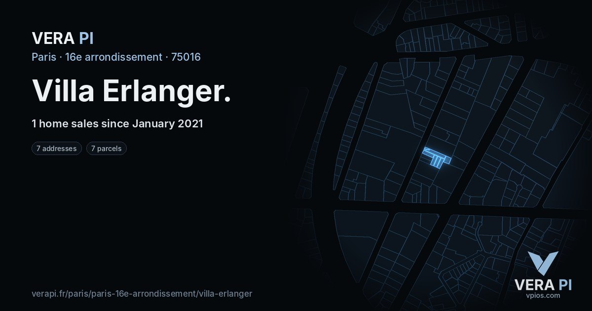 Villa Erlanger, 16e arrondissement at night – every parcel coloured by the prices around it, the street's own parcels lit