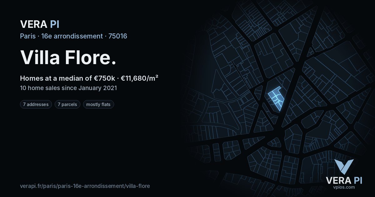 Villa Flore, 16e arrondissement at night – every parcel coloured by the prices around it, the street's own parcels lit