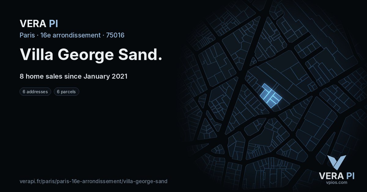 Villa George Sand, 16e arrondissement at night – every parcel coloured by the prices around it, the street's own parcels lit