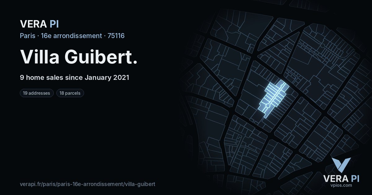 Villa Guibert, 16e arrondissement at night – every parcel coloured by the prices around it, the street's own parcels lit