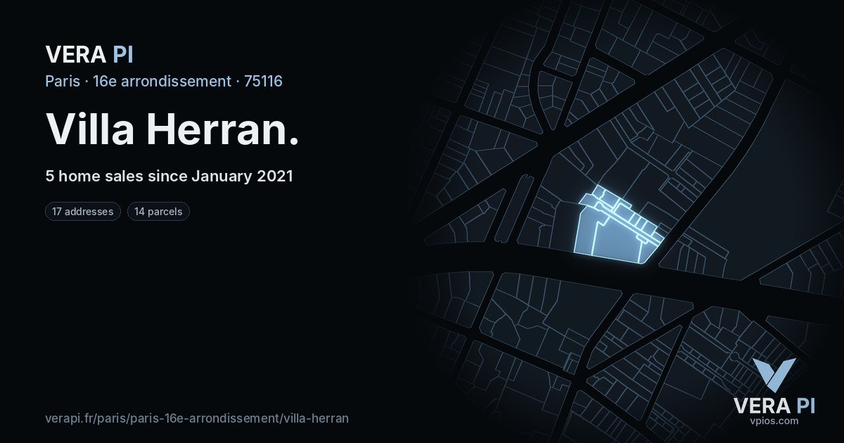 Villa Herran, 16e arrondissement at night – every parcel coloured by the prices around it, the street's own parcels lit