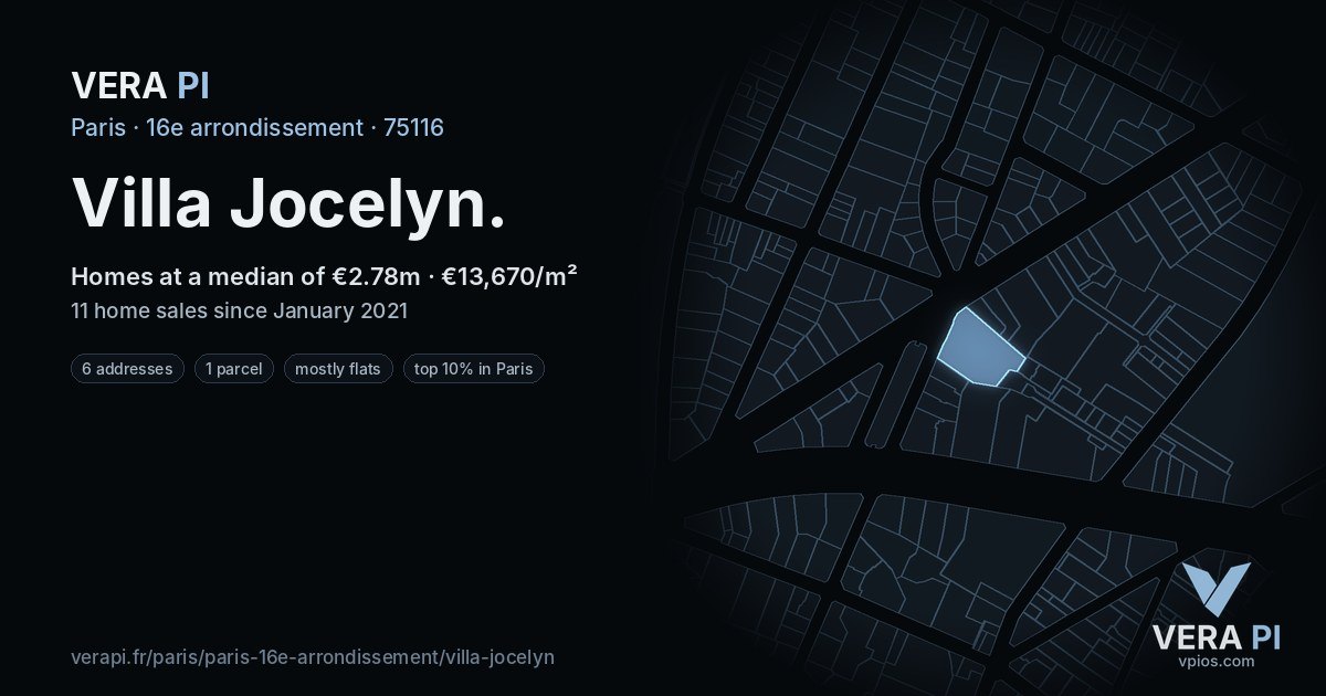 Villa Jocelyn, 16e arrondissement at night – every parcel coloured by the prices around it, the street's own parcels lit