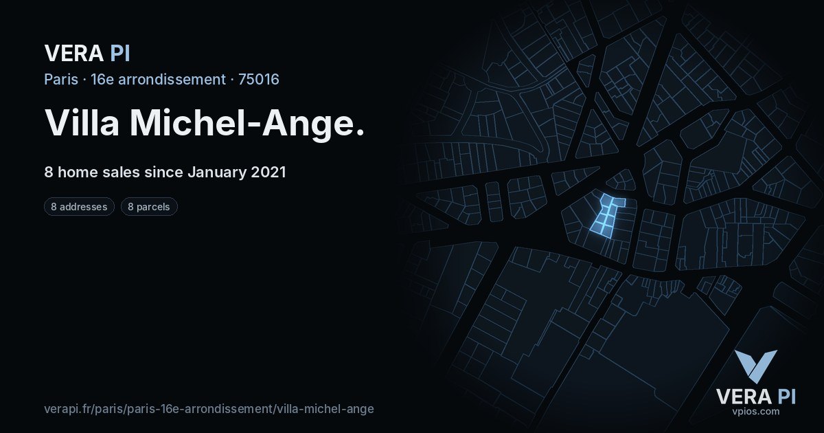 Villa Michel-Ange, 16e arrondissement at night – every parcel coloured by the prices around it, the street's own parcels lit