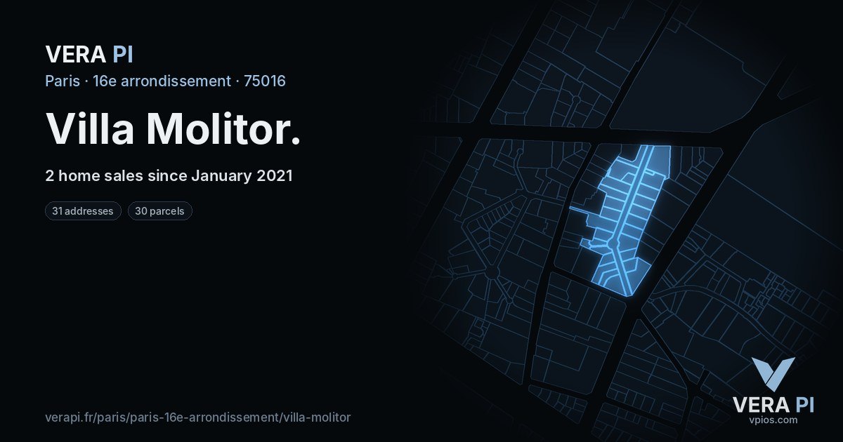 Villa Molitor, 16e arrondissement at night – every parcel coloured by the prices around it, the street's own parcels lit