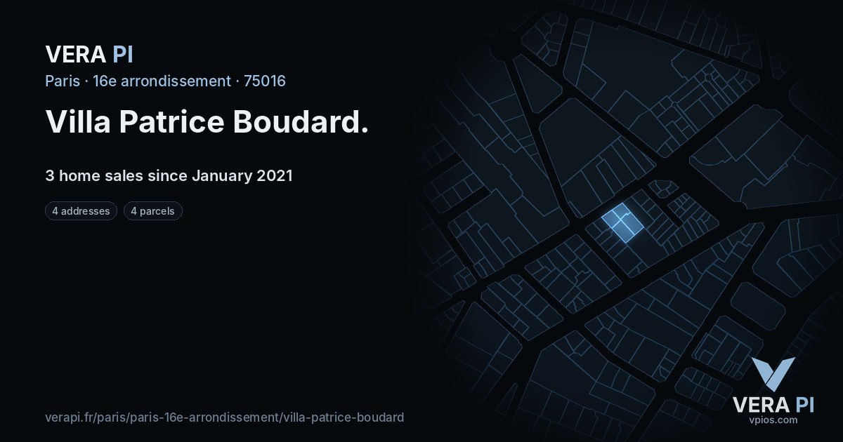 Villa Patrice Boudard, 16e arrondissement at night – every parcel coloured by the prices around it, the street's own parcels lit