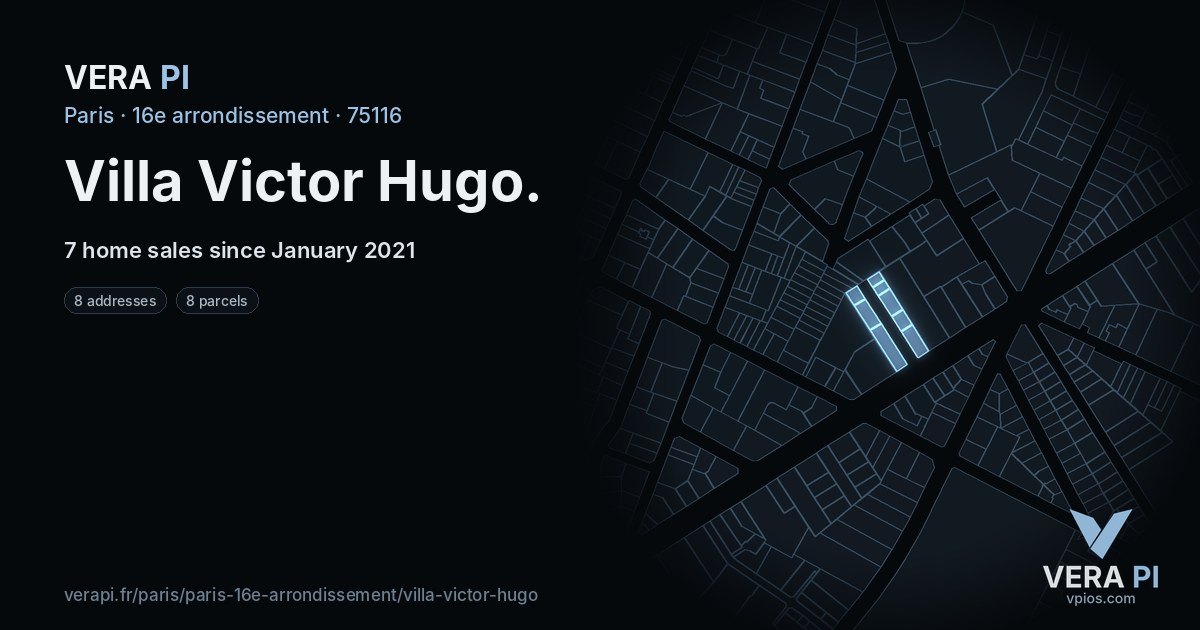 Villa Victor Hugo, 16e arrondissement at night – every parcel coloured by the prices around it, the street's own parcels lit