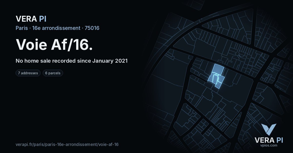 Voie Af/16, 16e arrondissement at night – every parcel coloured by the prices around it, the street's own parcels lit