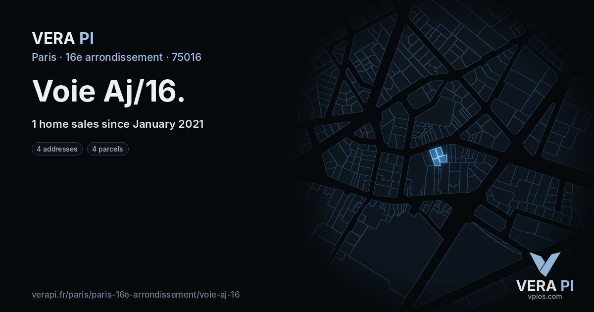 Voie Aj/16, 16e arrondissement at night – every parcel coloured by the prices around it, the street's own parcels lit