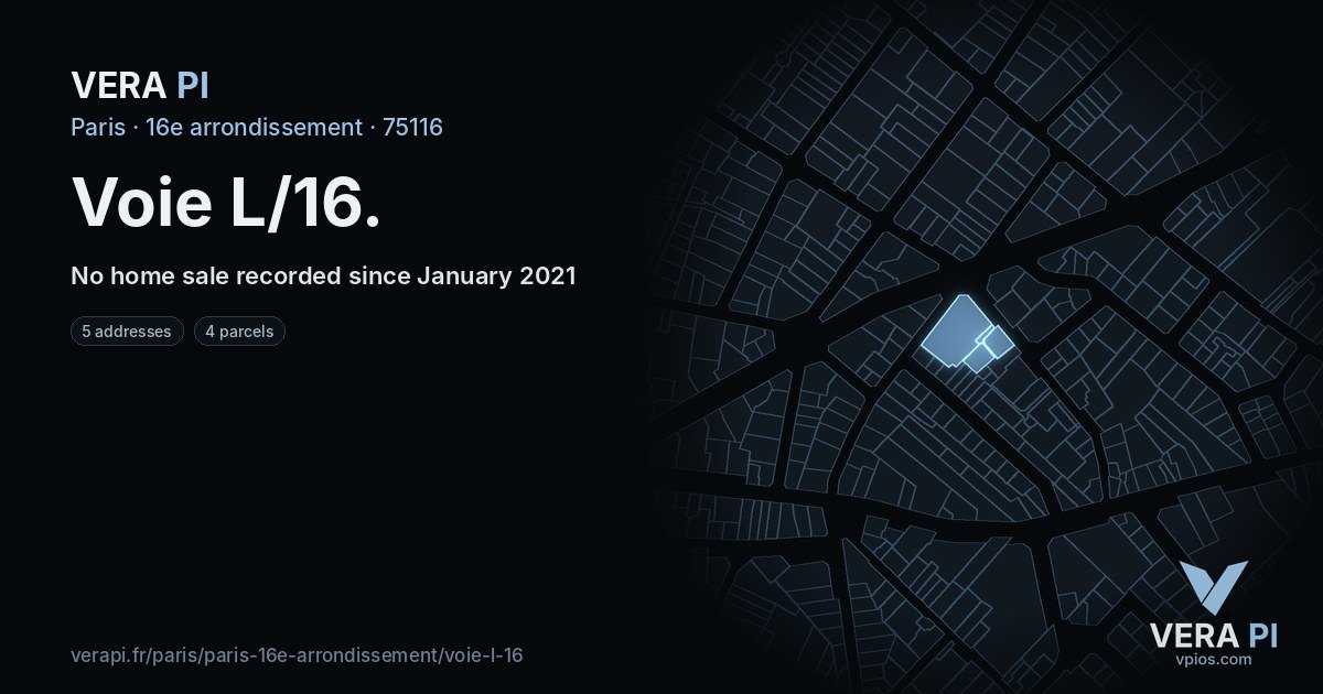Voie L/16, 16e arrondissement at night – every parcel coloured by the prices around it, the street's own parcels lit