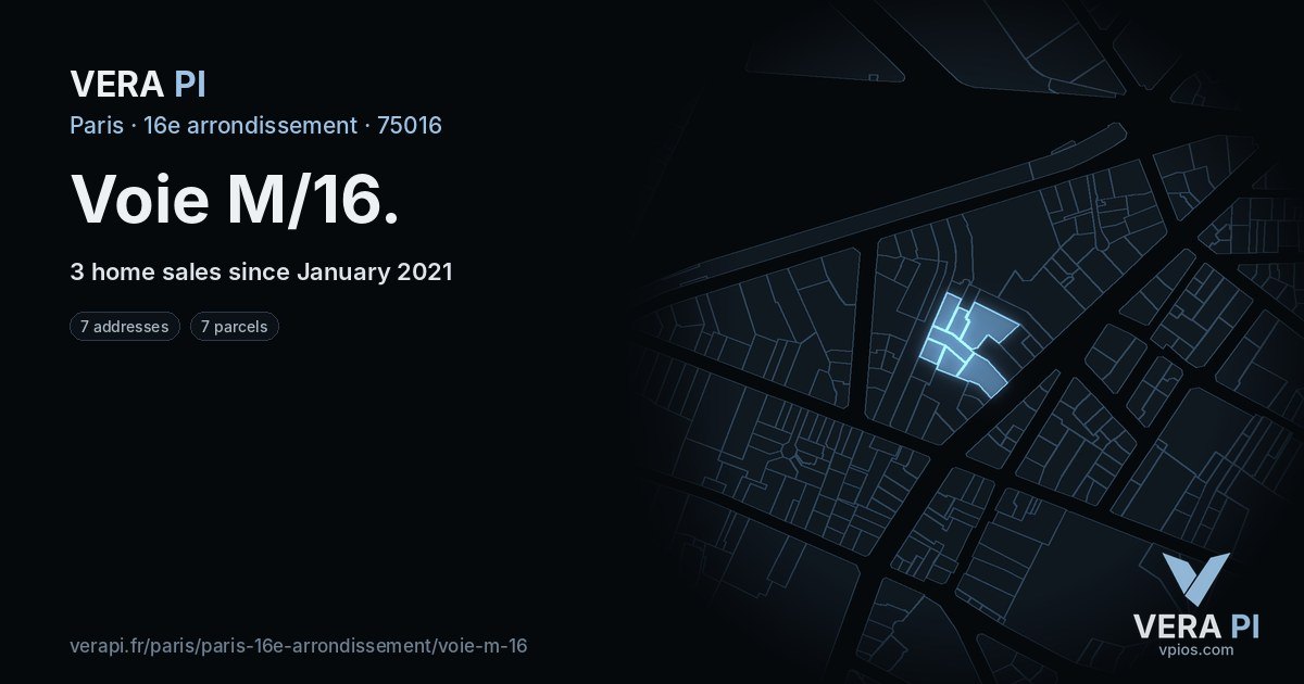 Voie M/16, 16e arrondissement at night – every parcel coloured by the prices around it, the street's own parcels lit