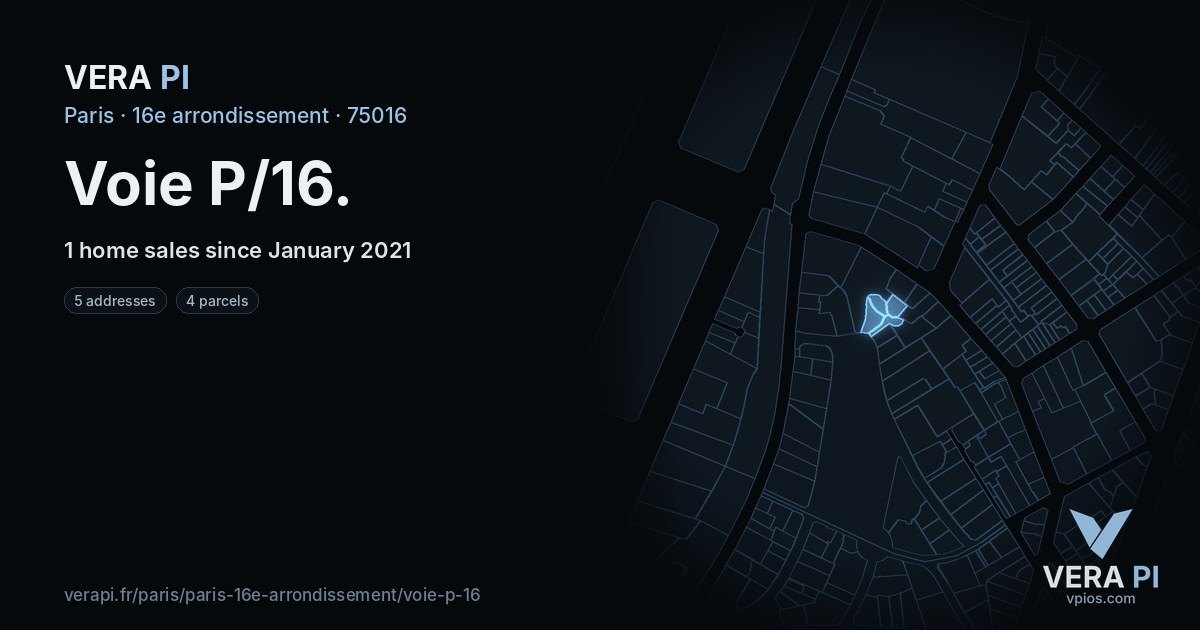 Voie P/16, 16e arrondissement at night – every parcel coloured by the prices around it, the street's own parcels lit