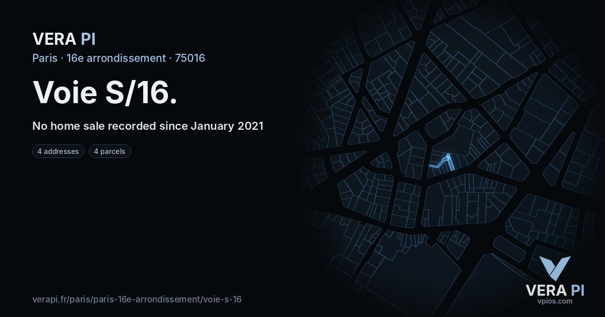 Voie S/16, 16e arrondissement at night – every parcel coloured by the prices around it, the street's own parcels lit